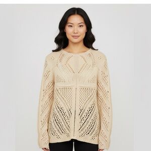 DEX women’s crochet knit cream sweater with chiffon back detail